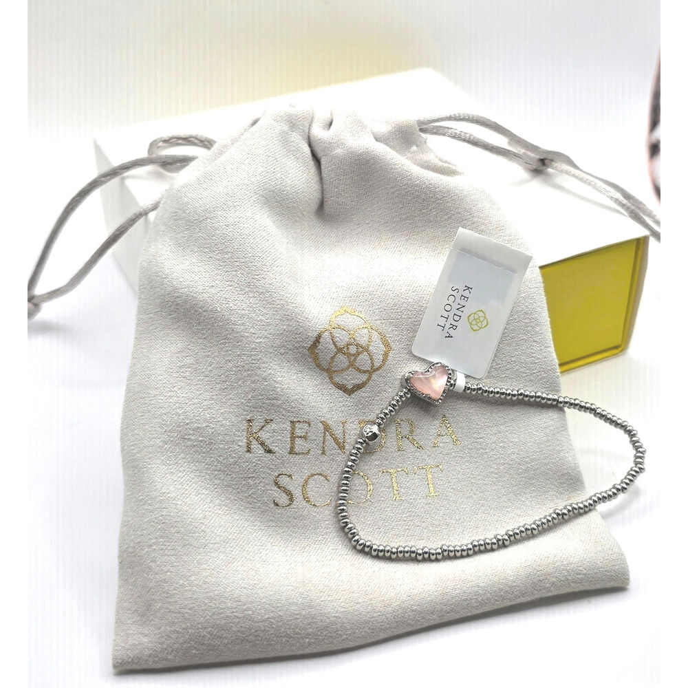Kendra Scott Ari Heart Rose Quartz Silver Stretch Bracelet 6.5" - New